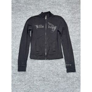 Billabong Womens Black Zip Up Track Jacket Gothic Logo Silver Embroidery Small
